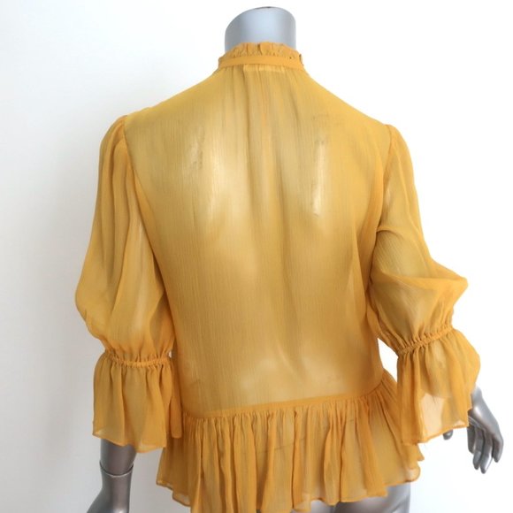 ULLA JOHNSON RUFFLE BLOUSE CASSAN MUSTARD CHIFFON SIZE 2 BELL SLEEVE TOP - Picture 4 of 8